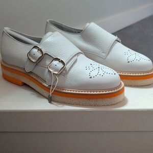 Santoni White Leather Loafers with Orange Accents
